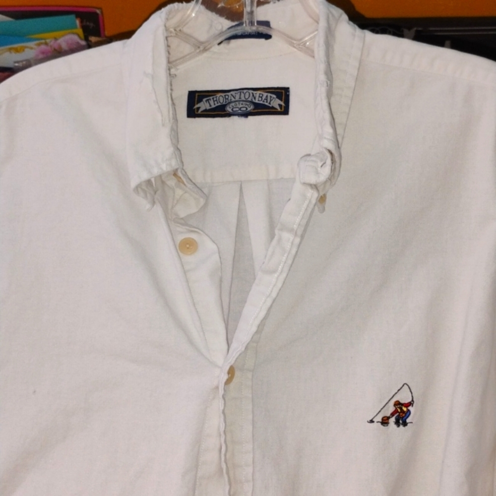 🪶 Distressed VINTAGE WHITE THORNTON BAY FLY FISHING BUTTON DOWN SHIRT UniSex🌲